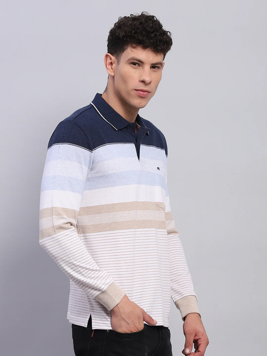 Men Blue Stripe Collar Full Sleeve Winter T-Shirt - Image 4