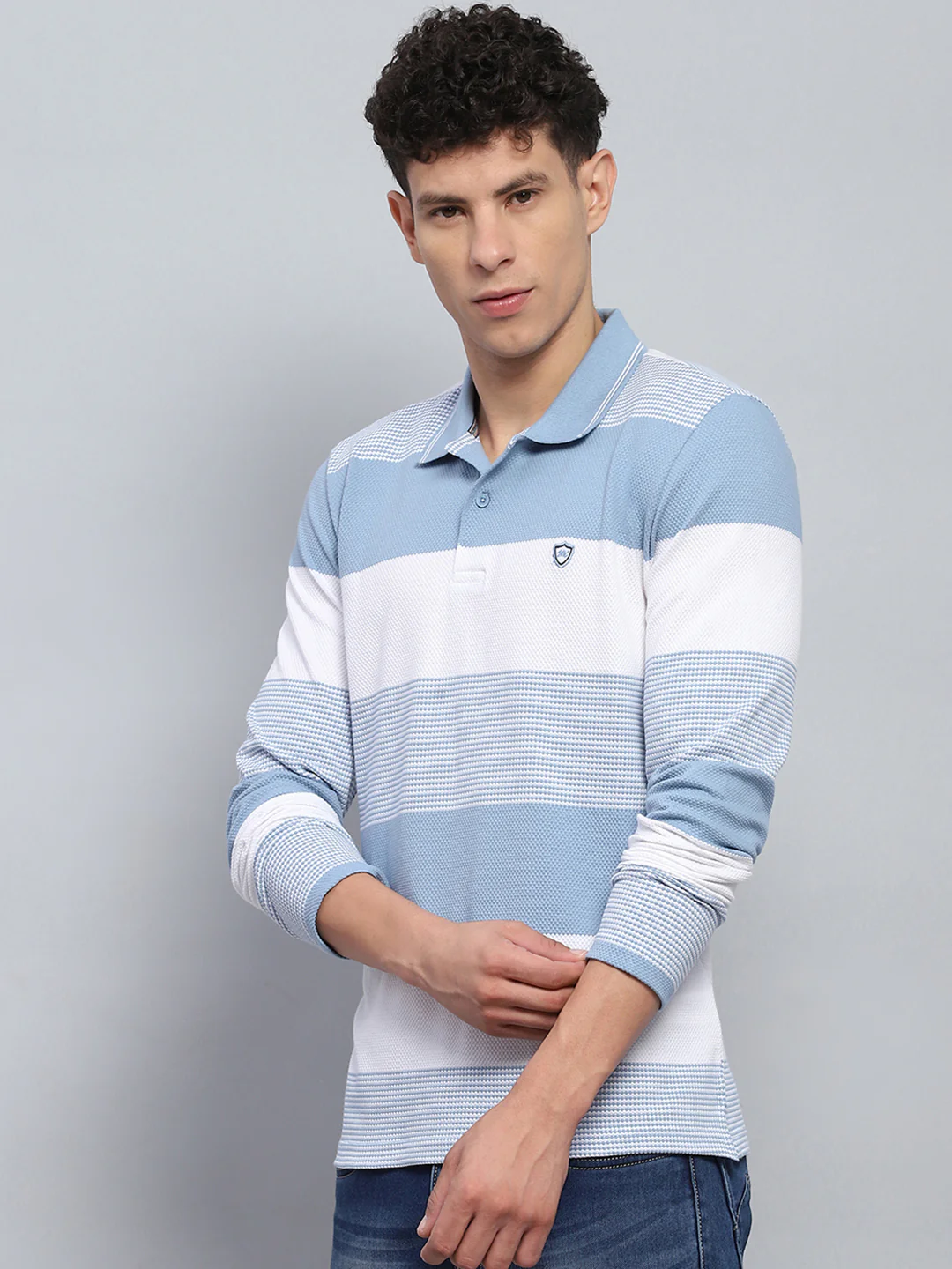 Men Blue Stripe Collar Full Sleeve Winter T-Shirt - Image 3