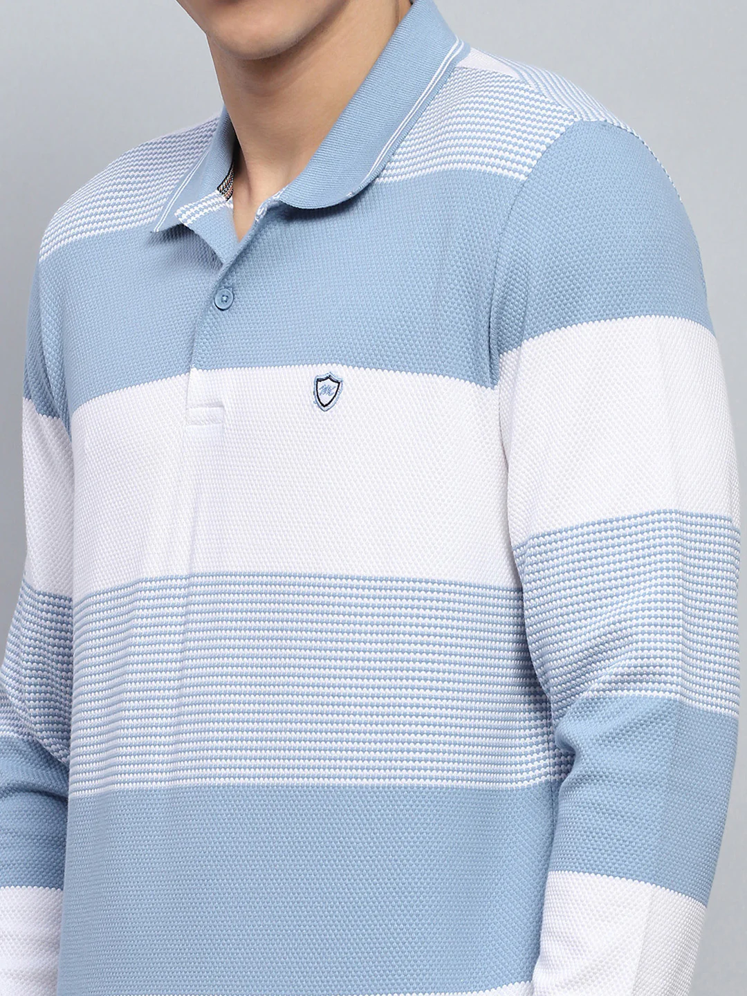 Men Blue Stripe Collar Full Sleeve Winter T-Shirt - Image 7