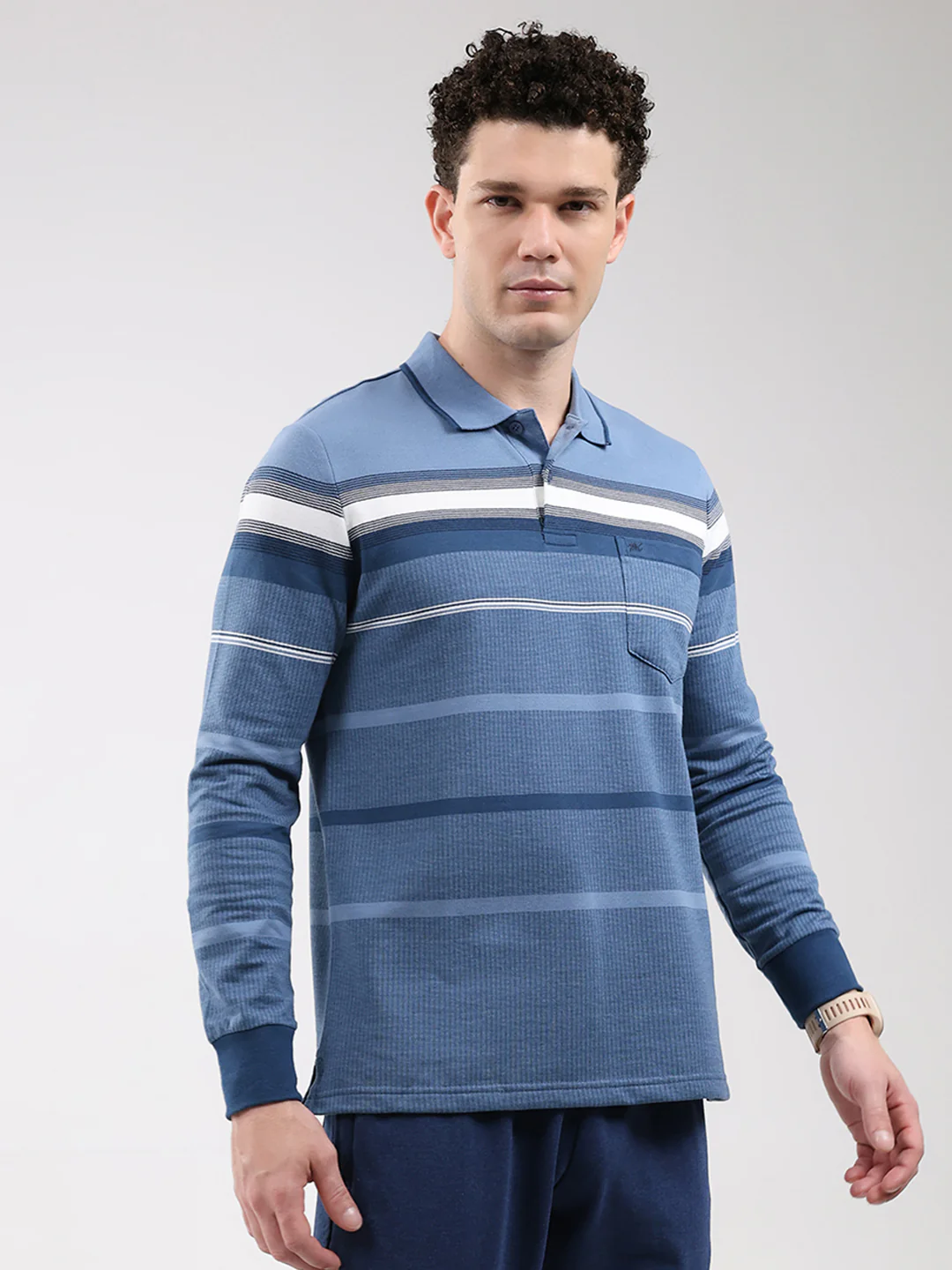 Men Blue Stripe Collar Full Sleeve Winter T-Shirt - Image 4