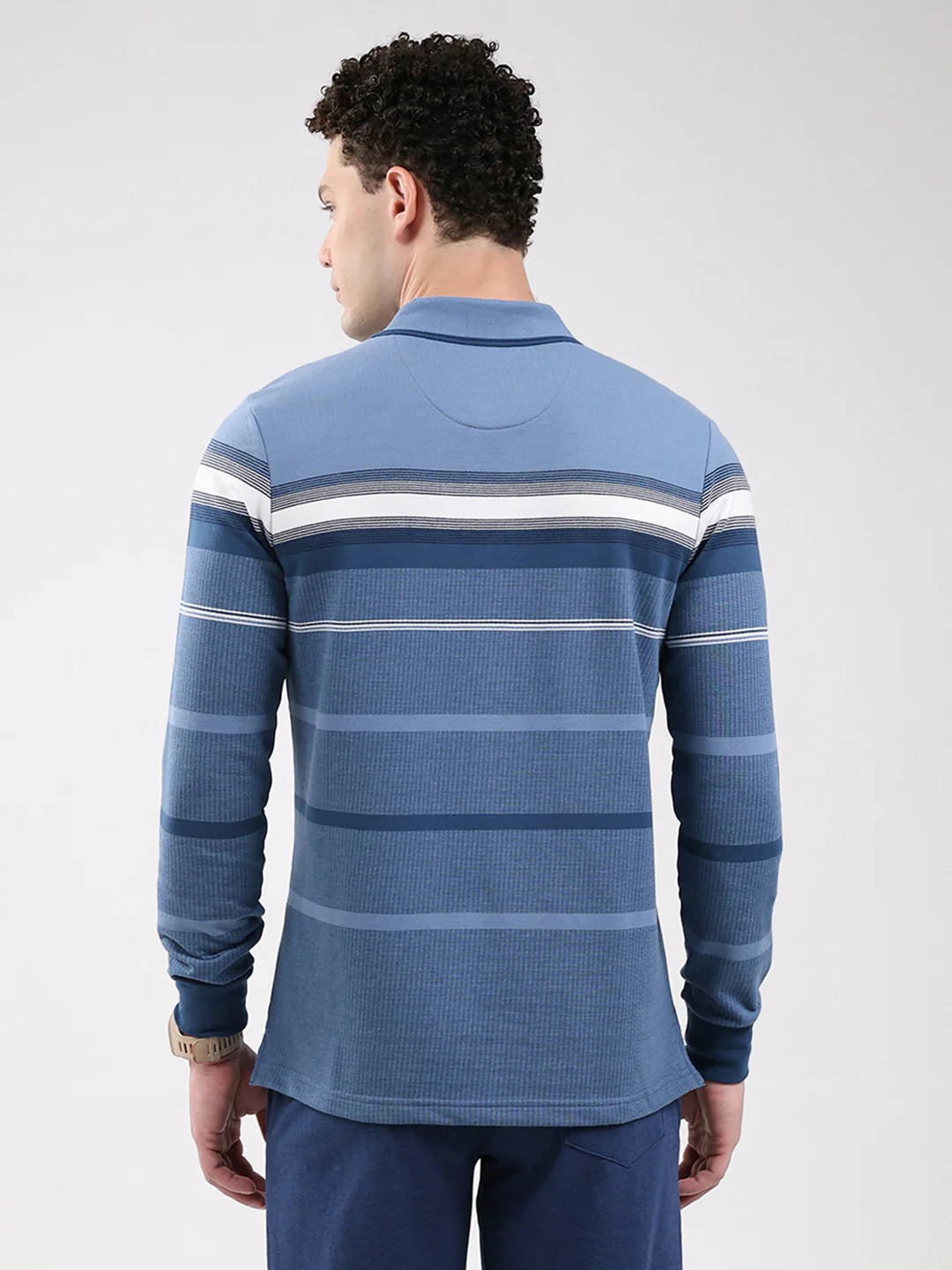 Men Blue Stripe Collar Full Sleeve Winter T-Shirt - Image 5