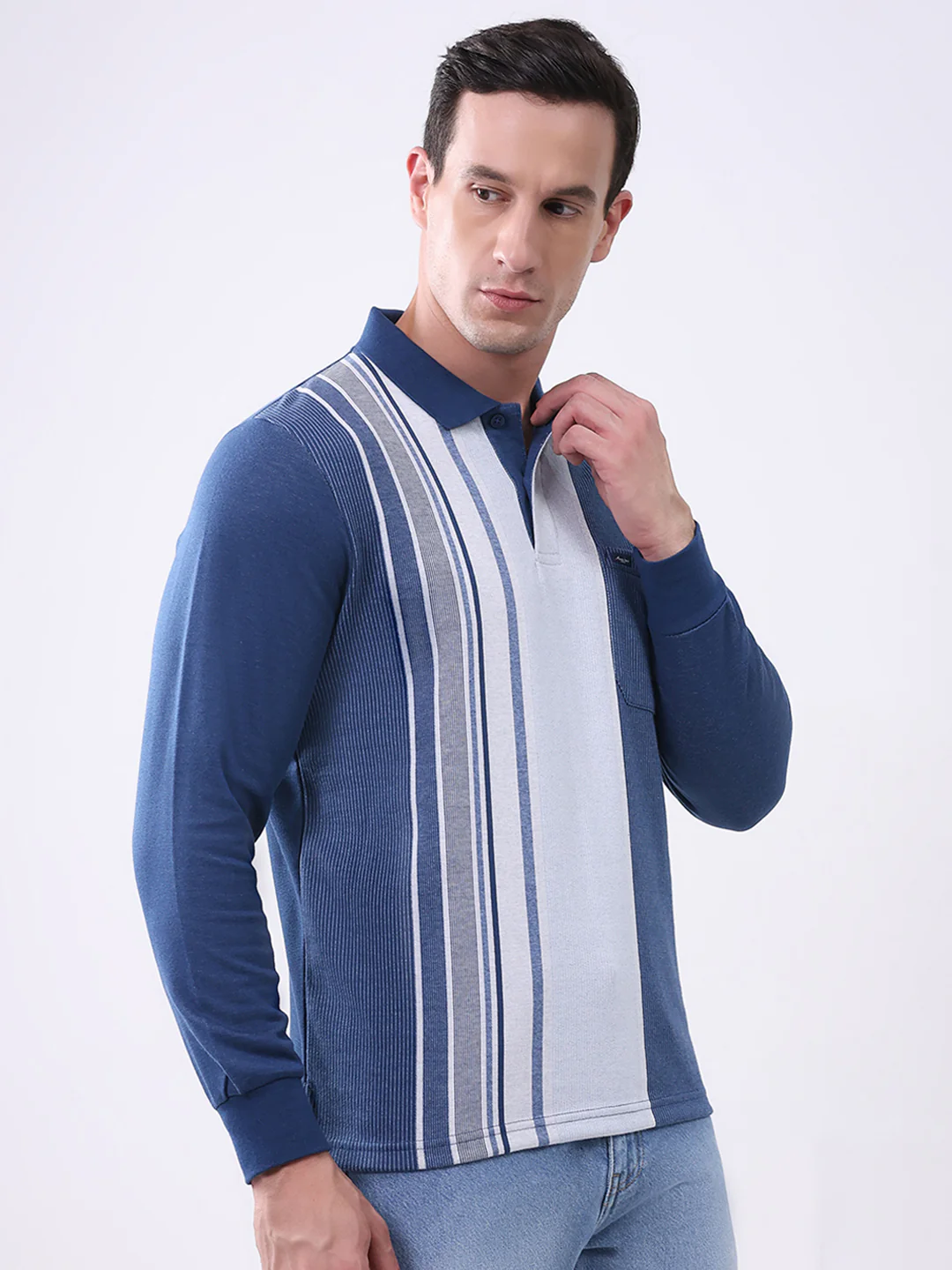 Men Blue Stripe Collar Full Sleeve Winter T-Shirt - Image 4