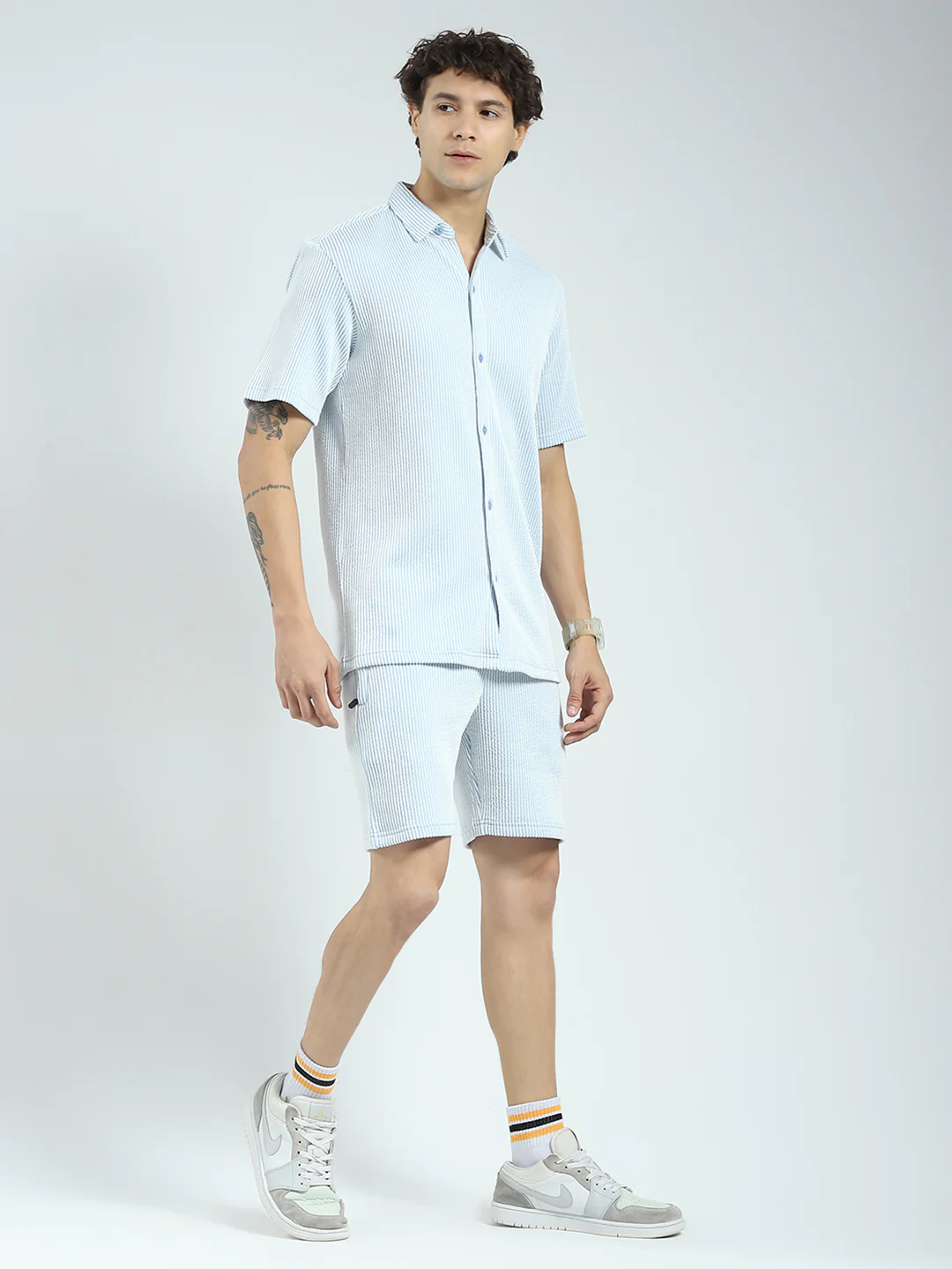 Rock.it Men Blue Stripe Collar Half Sleeve Cords Set - Image 4