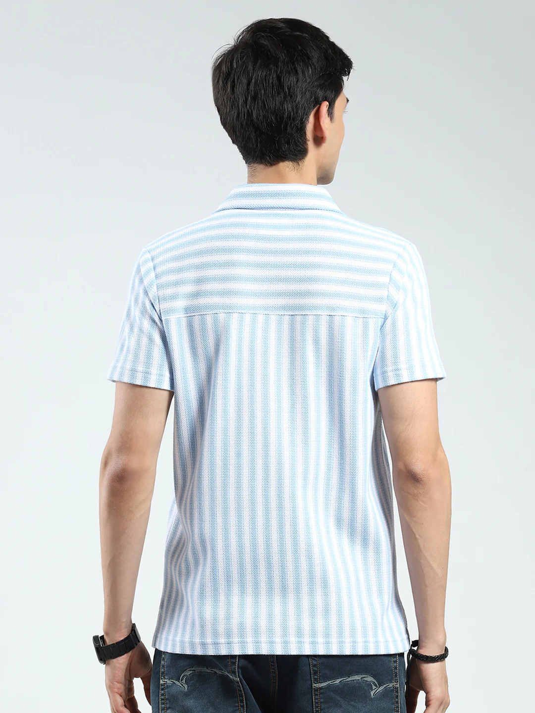 Men Blue Stripe Collar Half Sleeve Shirt - Image 5