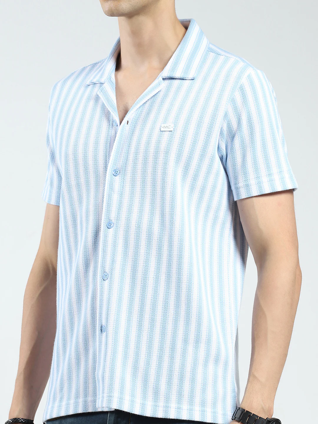 Men Blue Stripe Collar Half Sleeve Shirt - Image 6