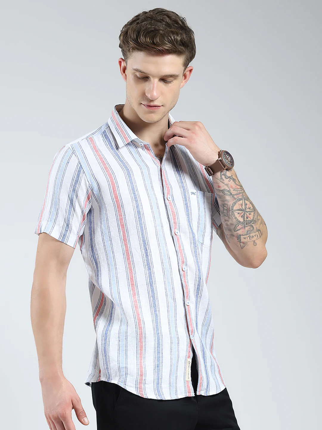 Men Blue Stripe Collar Half Sleeve Linen Shirt - Image 4