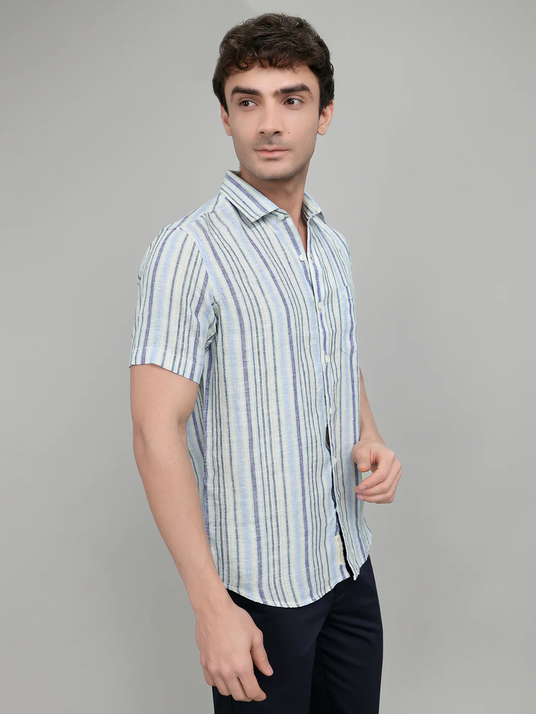Men Blue Stripe Collar Half Sleeve Shirt - Image 3