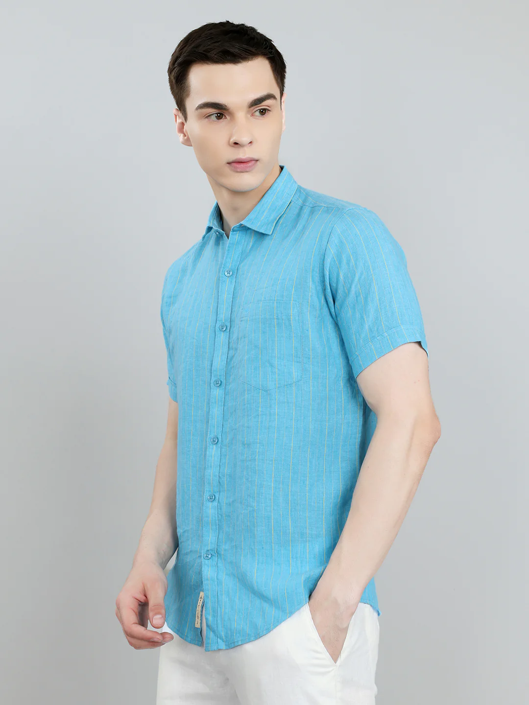 Men Blue Stripe Collar Half Sleeve Shirt - Image 2