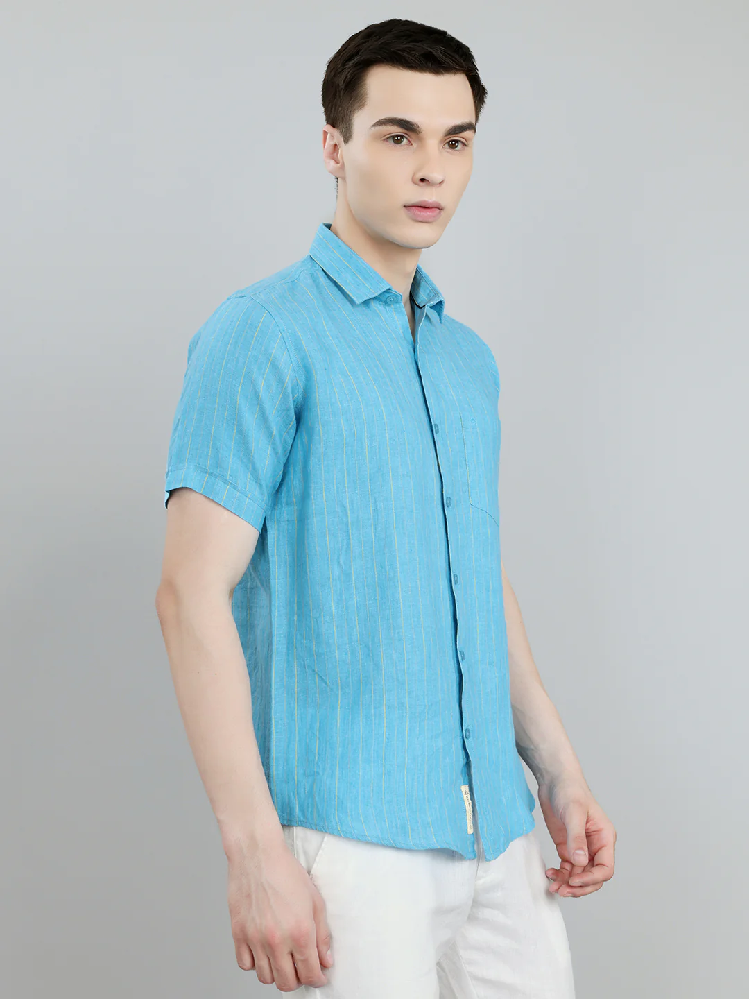 Men Blue Stripe Collar Half Sleeve Shirt - Image 3
