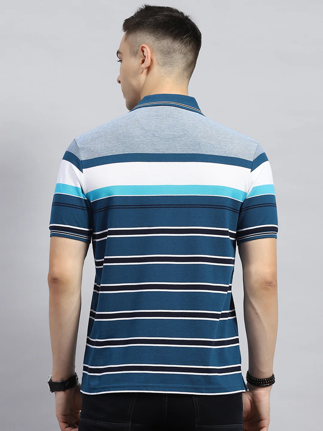 Men Blue Stripe Collar Half Sleeve T-Shirt - Image 5