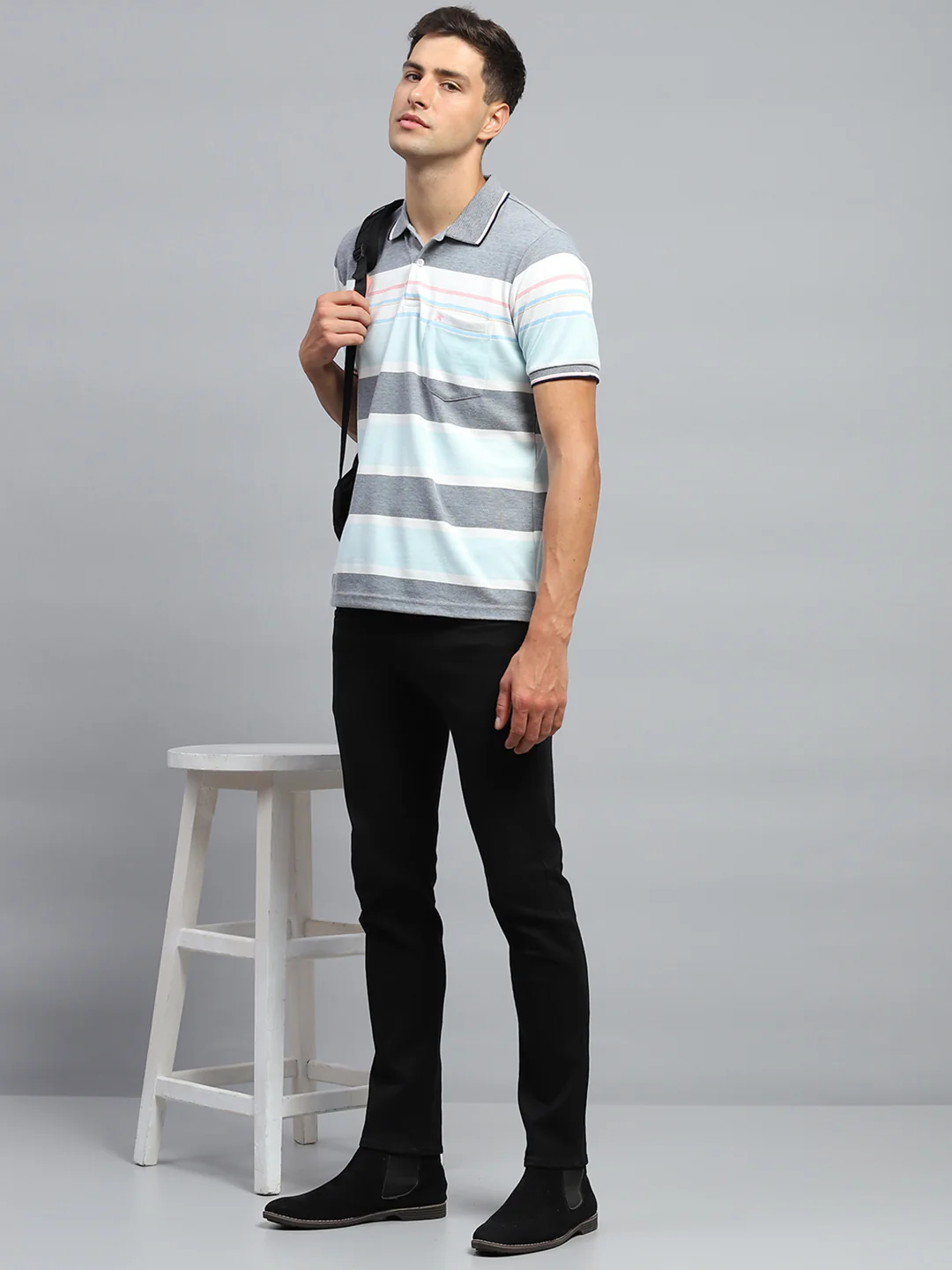 Men Blue Stripe Collar Half Sleeve T-Shirt - Image 2