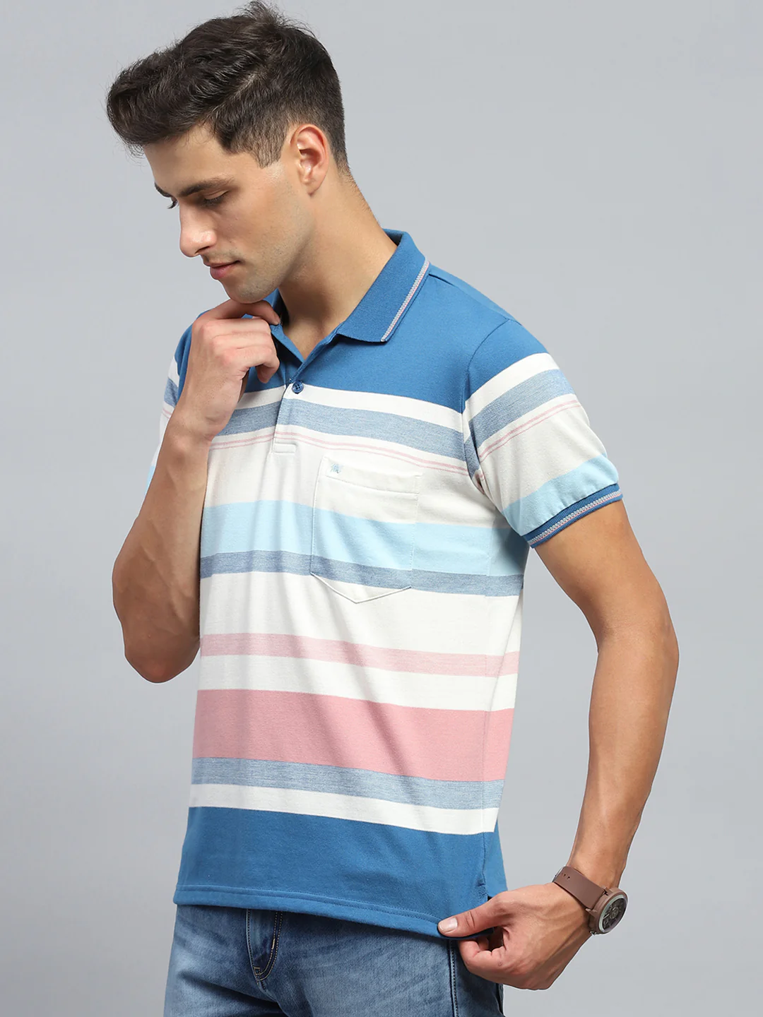 Men Blue Stripe Collar Half Sleeve T-Shirt - Image 3