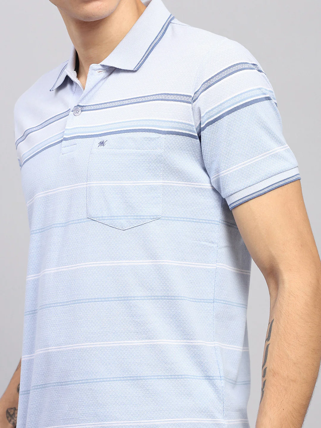 Men Blue Stripe Collar Half Sleeve T-Shirt - Image 6
