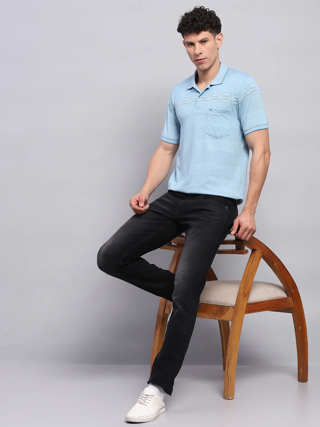 Men Blue Stripe Collar Half Sleeve T-Shirt - Image 2