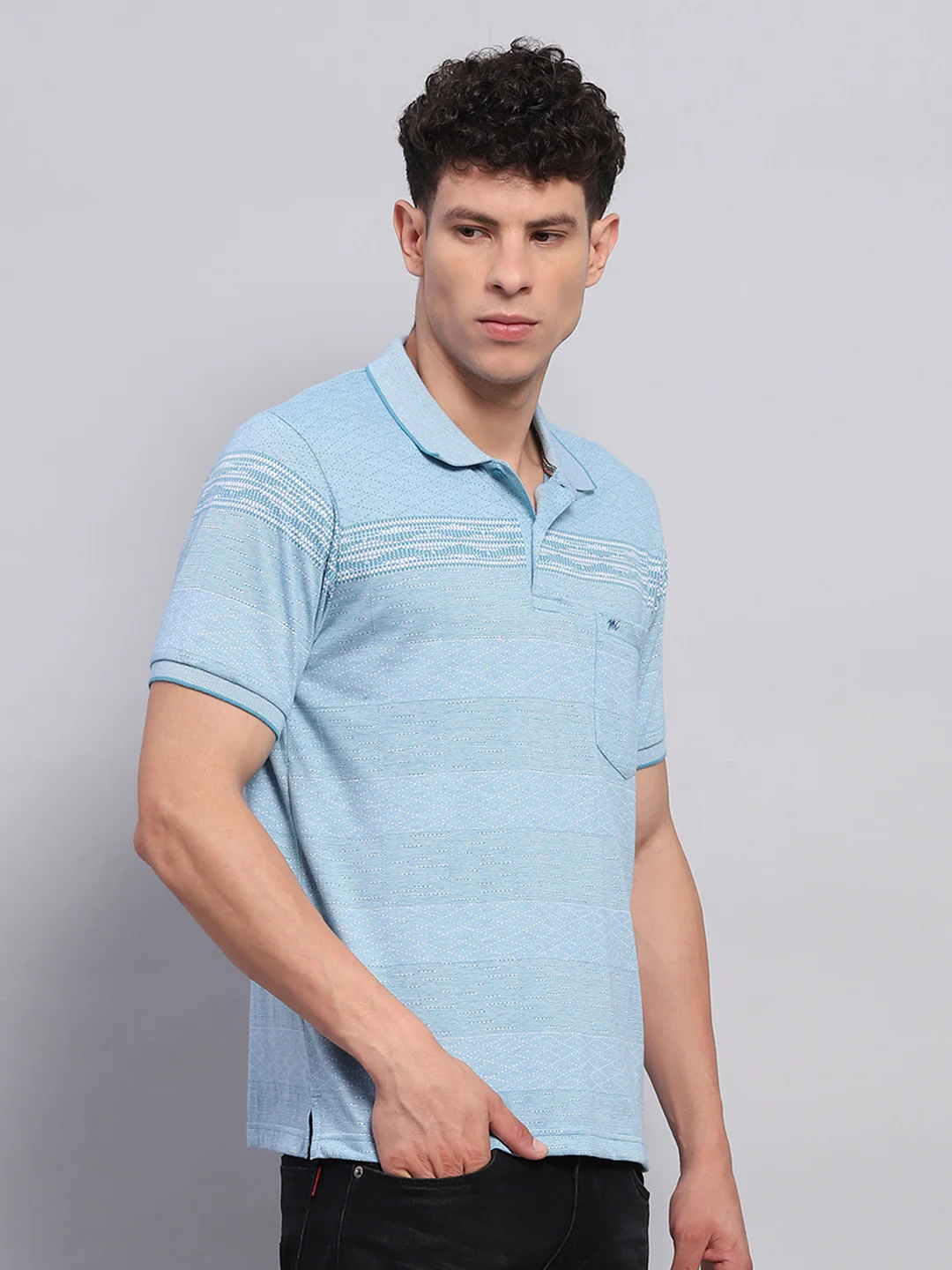 Men Blue Stripe Collar Half Sleeve T-Shirt - Image 4