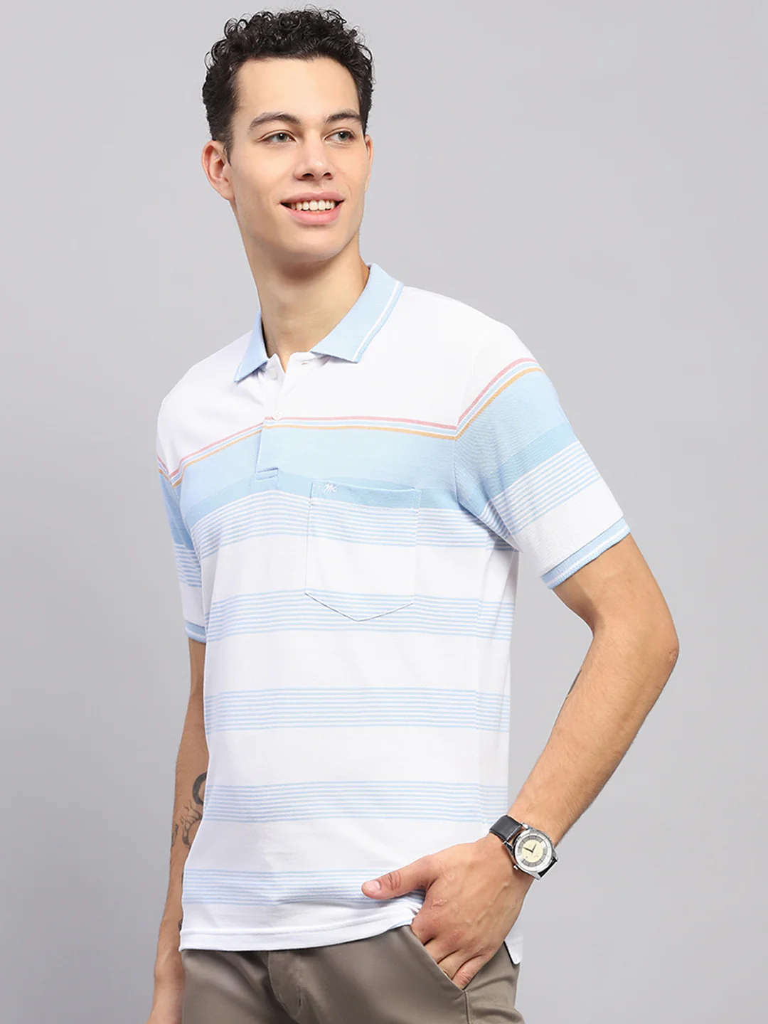 Men Blue Stripe Collar Half Sleeve T-Shirt - Image 3