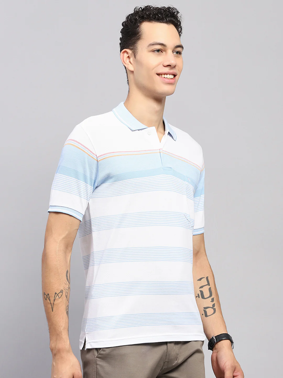 Men Blue Stripe Collar Half Sleeve T-Shirt - Image 4