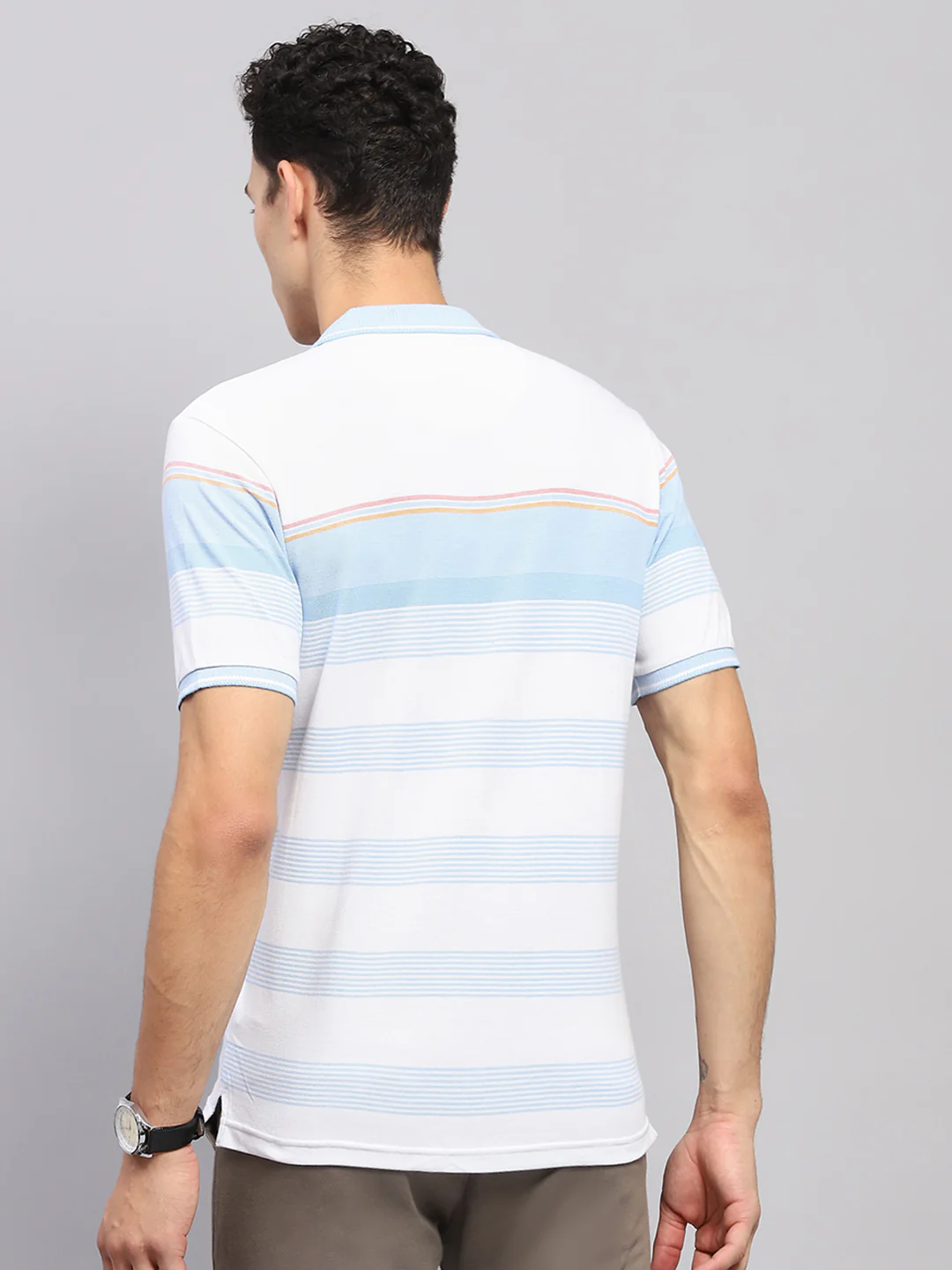 Men Blue Stripe Collar Half Sleeve T-Shirt - Image 5