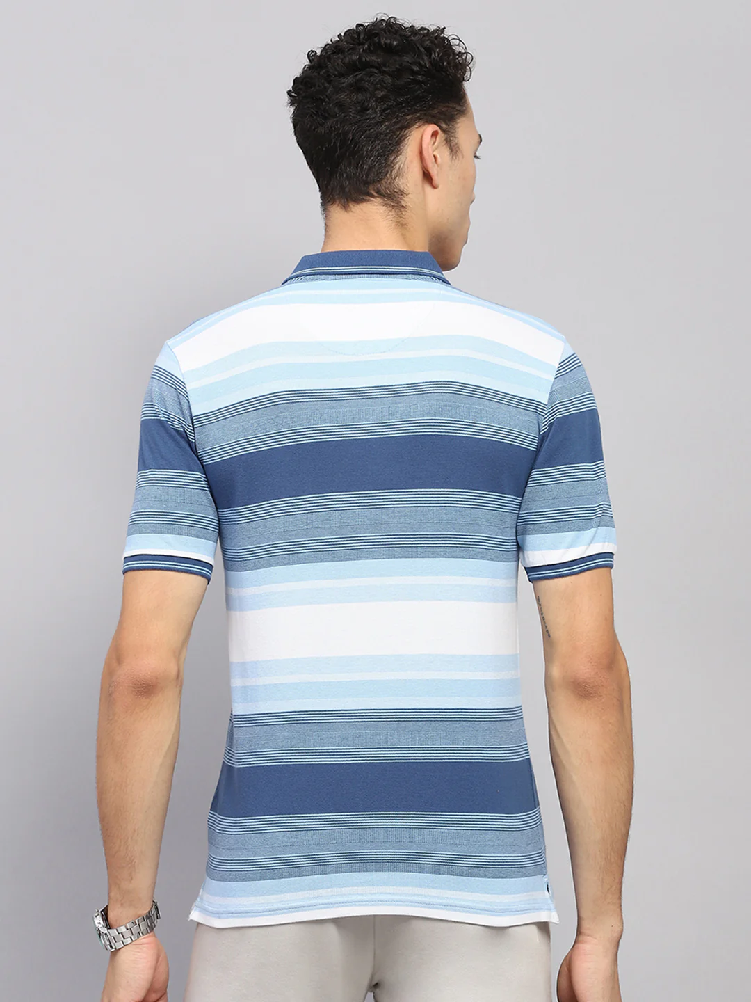 Men Blue Stripe Collar Half Sleeve T-Shirt - Image 5