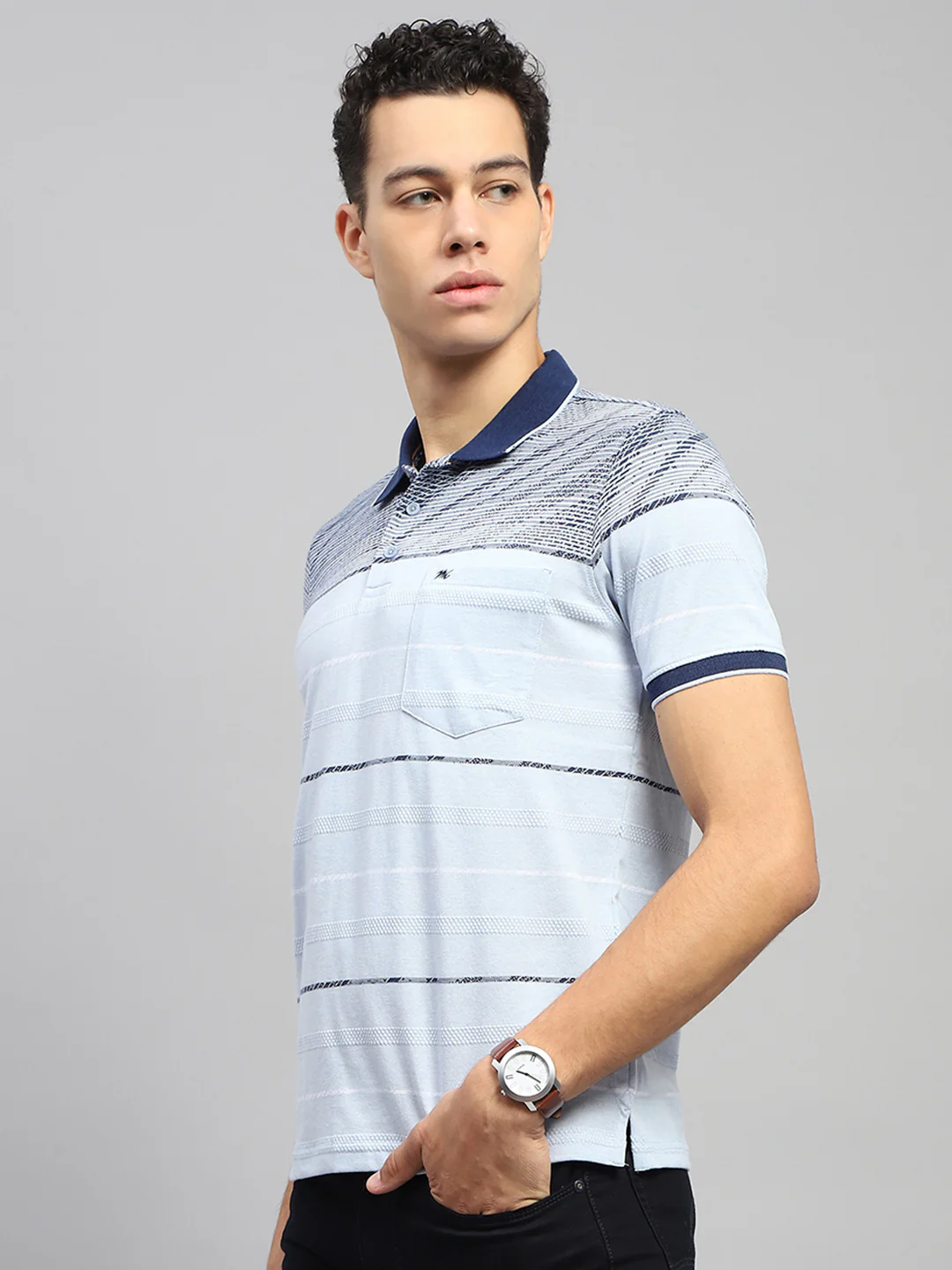 Men Blue Stripe Collar Half Sleeve T-Shirt - Image 3
