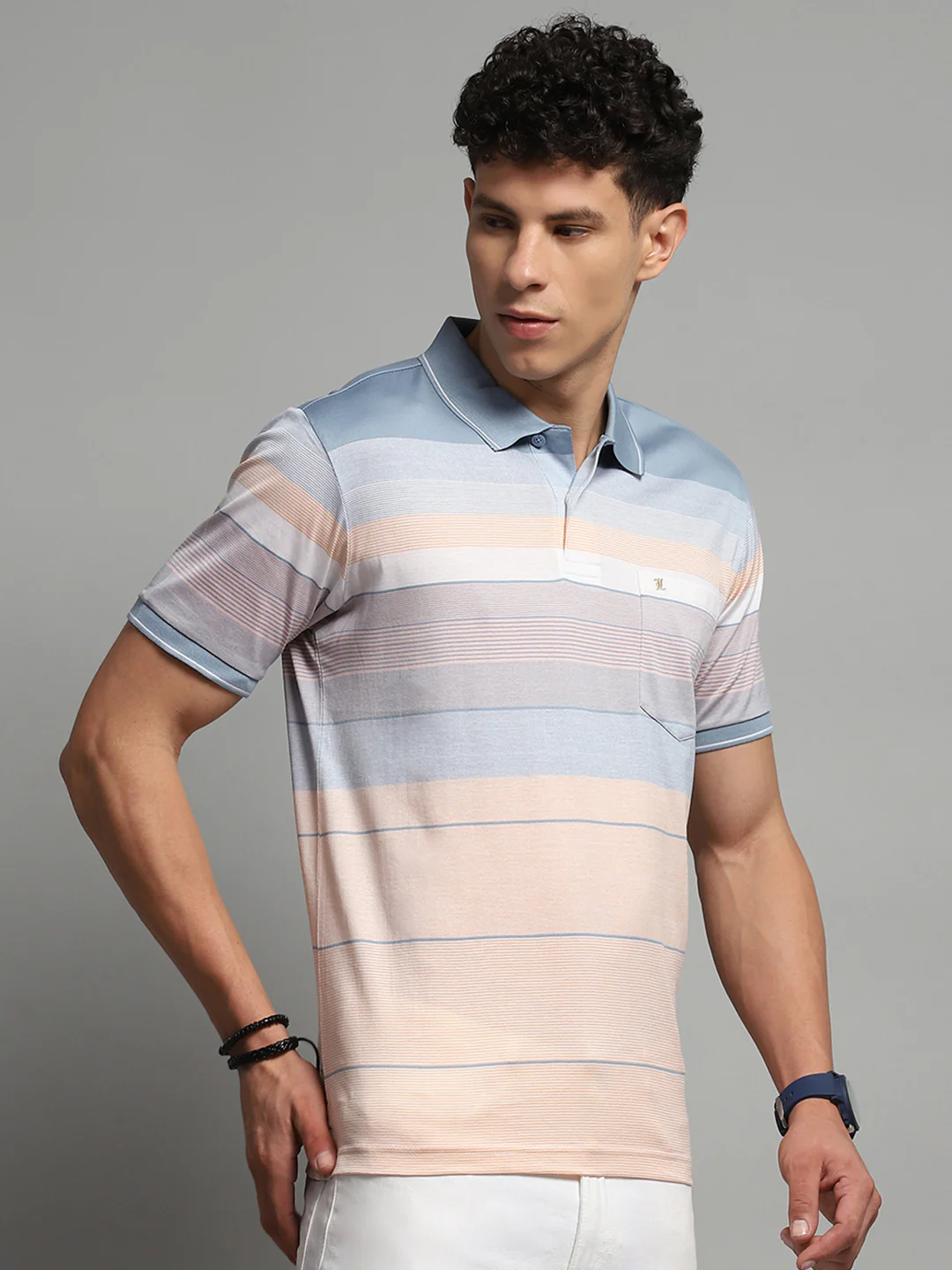 Luxuria Men Blue Stripe Collar Half Sleeve T-Shirt - Image 4