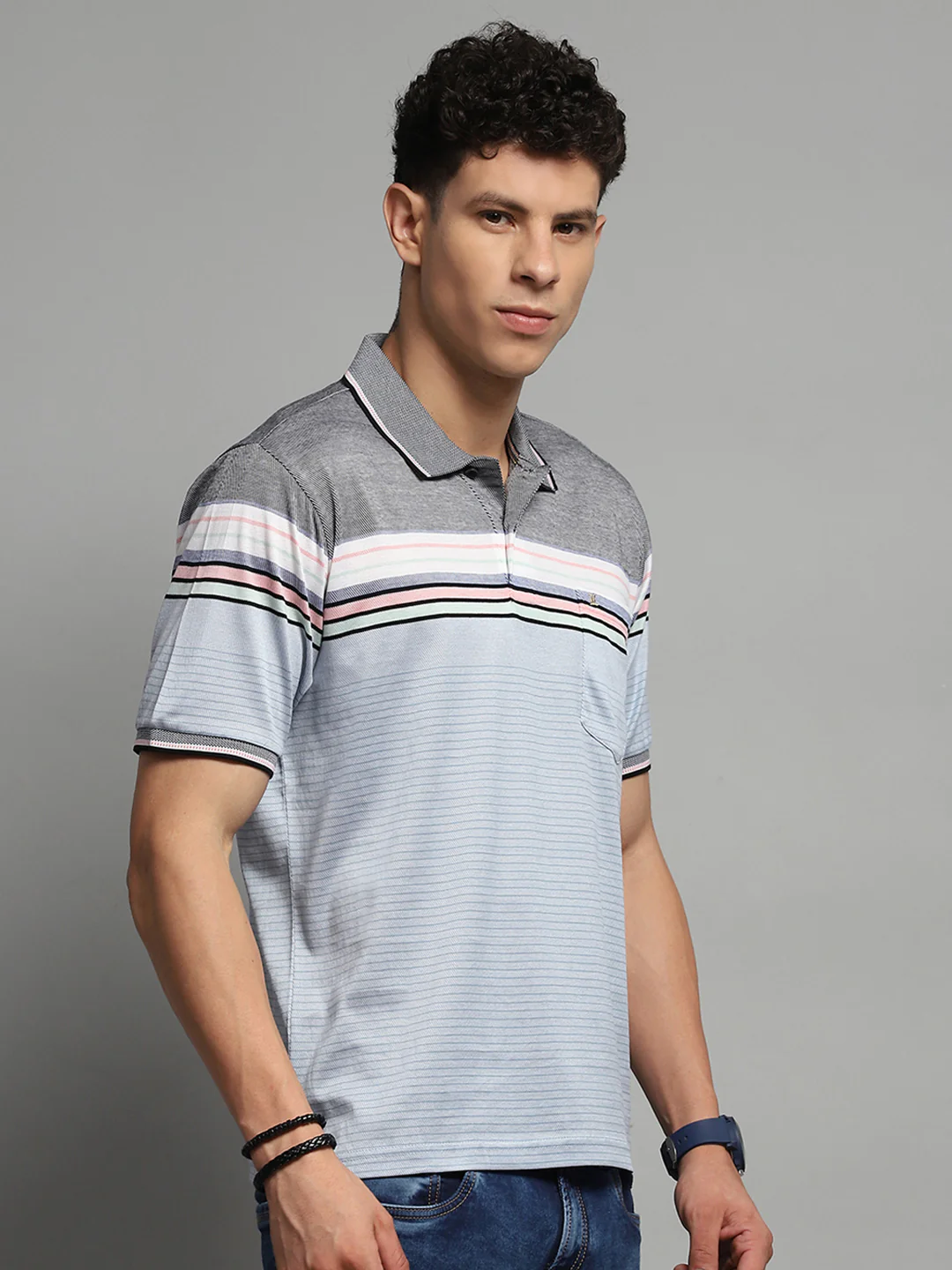Luxuria Men Blue Stripe Collar Half Sleeve T-Shirt - Image 4