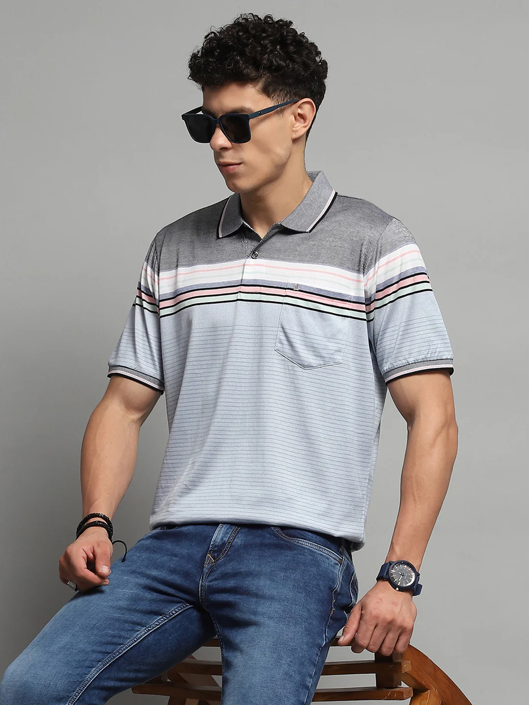 Luxuria Men Blue Stripe Collar Half Sleeve T-Shirt - Image 6
