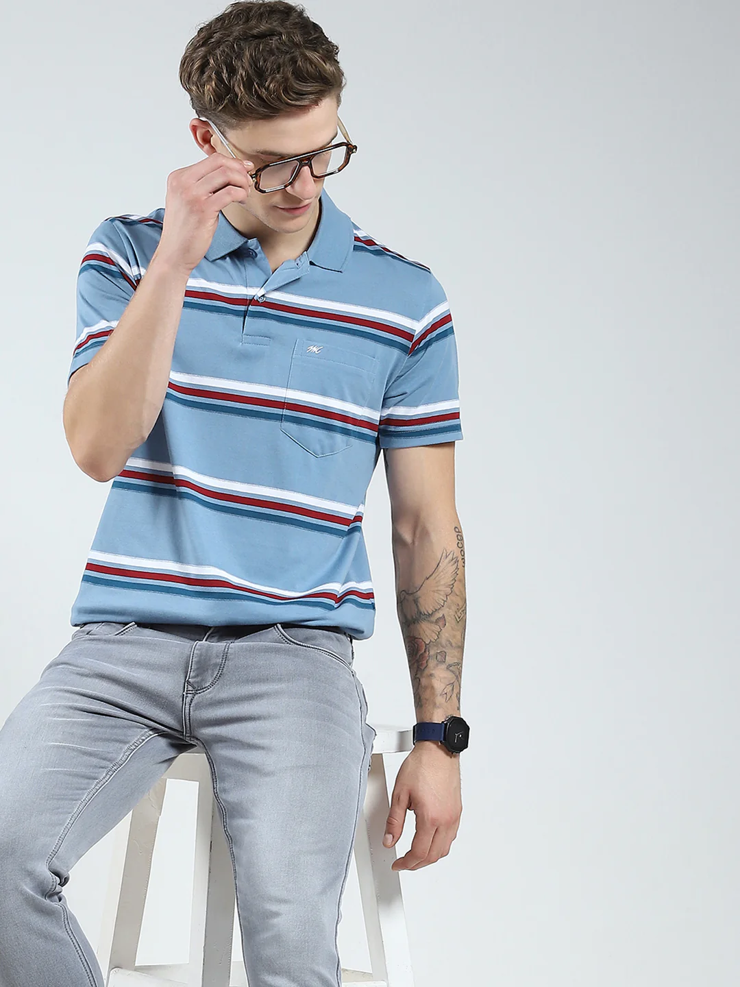 Men Blue Stripe Collar Half Sleeve T-Shirt - Image 6