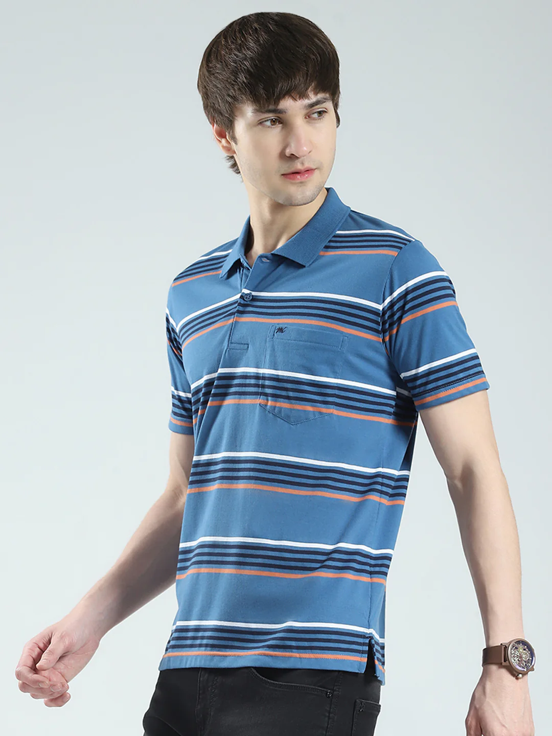 Men Blue Stripe Collar Half Sleeve T-Shirt - Image 3