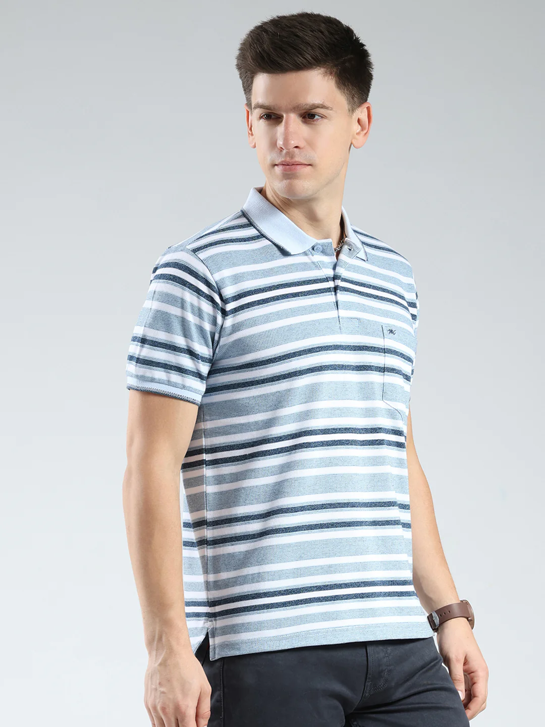 Men Blue Stripe Collar Half Sleeve T-Shirt - Image 4