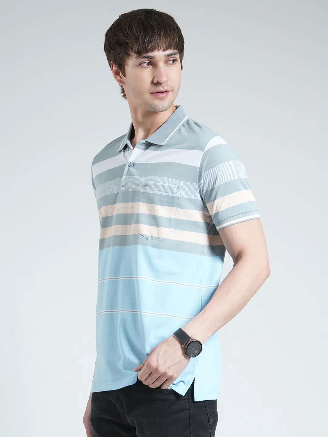 Men Blue Stripe Collar Half Sleeve T-Shirt - Image 3