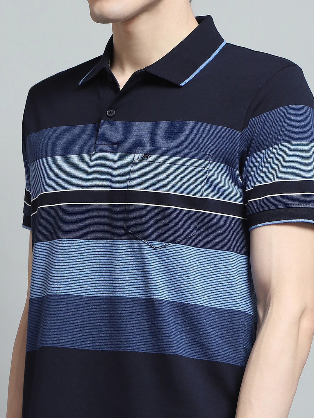 Men Blue Stripe Collar Half Sleeve T-Shirt - Image 7