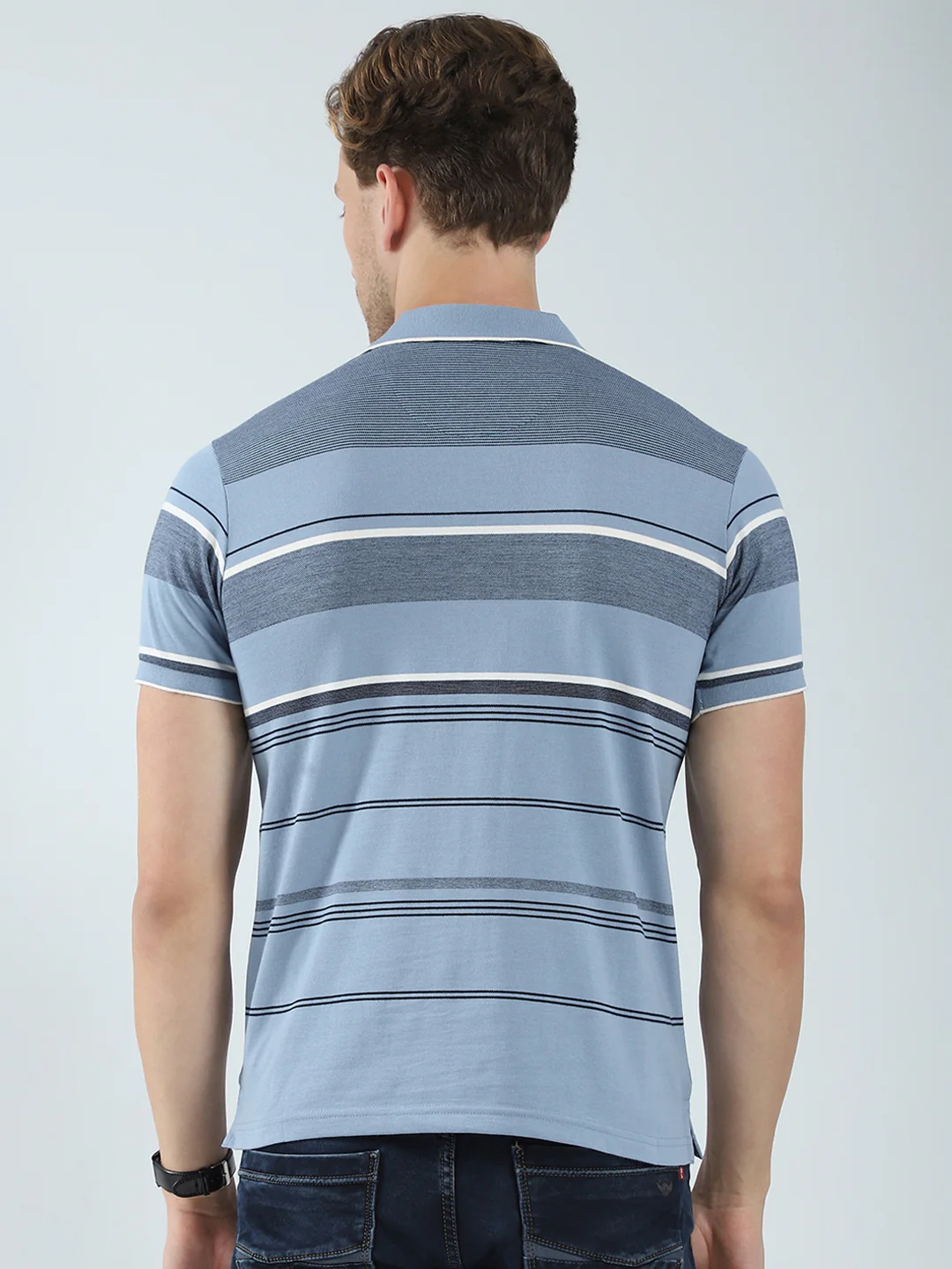 Men Blue Stripe Collar Half Sleeve T-Shirt - Image 5