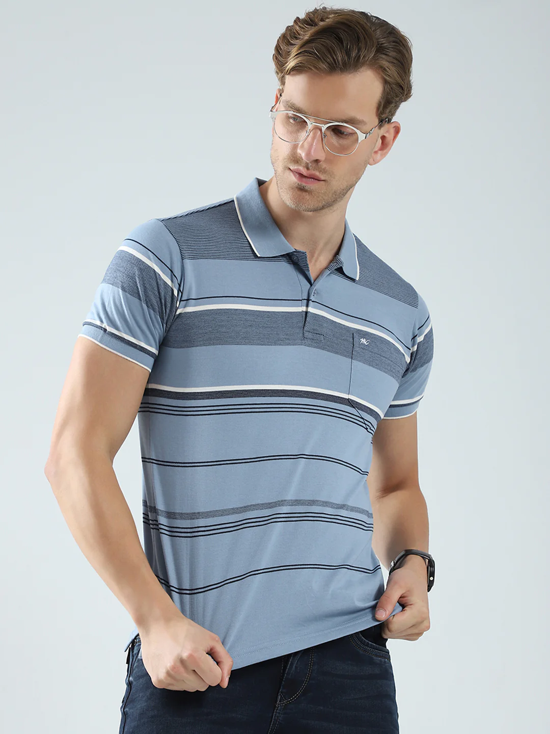 Men Blue Stripe Collar Half Sleeve T-Shirt - Image 6