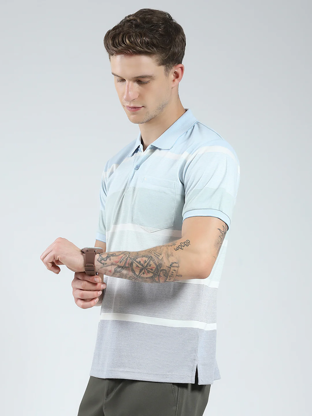 Men Blue Stripe Collar Half Sleeve T-Shirt - Image 3