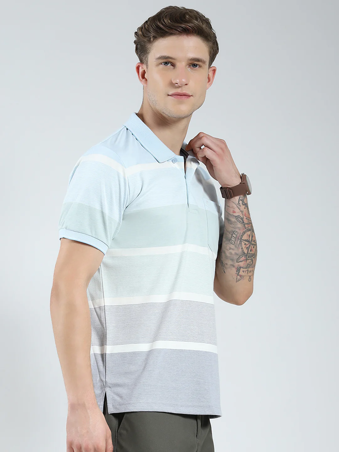 Men Blue Stripe Collar Half Sleeve T-Shirt - Image 4