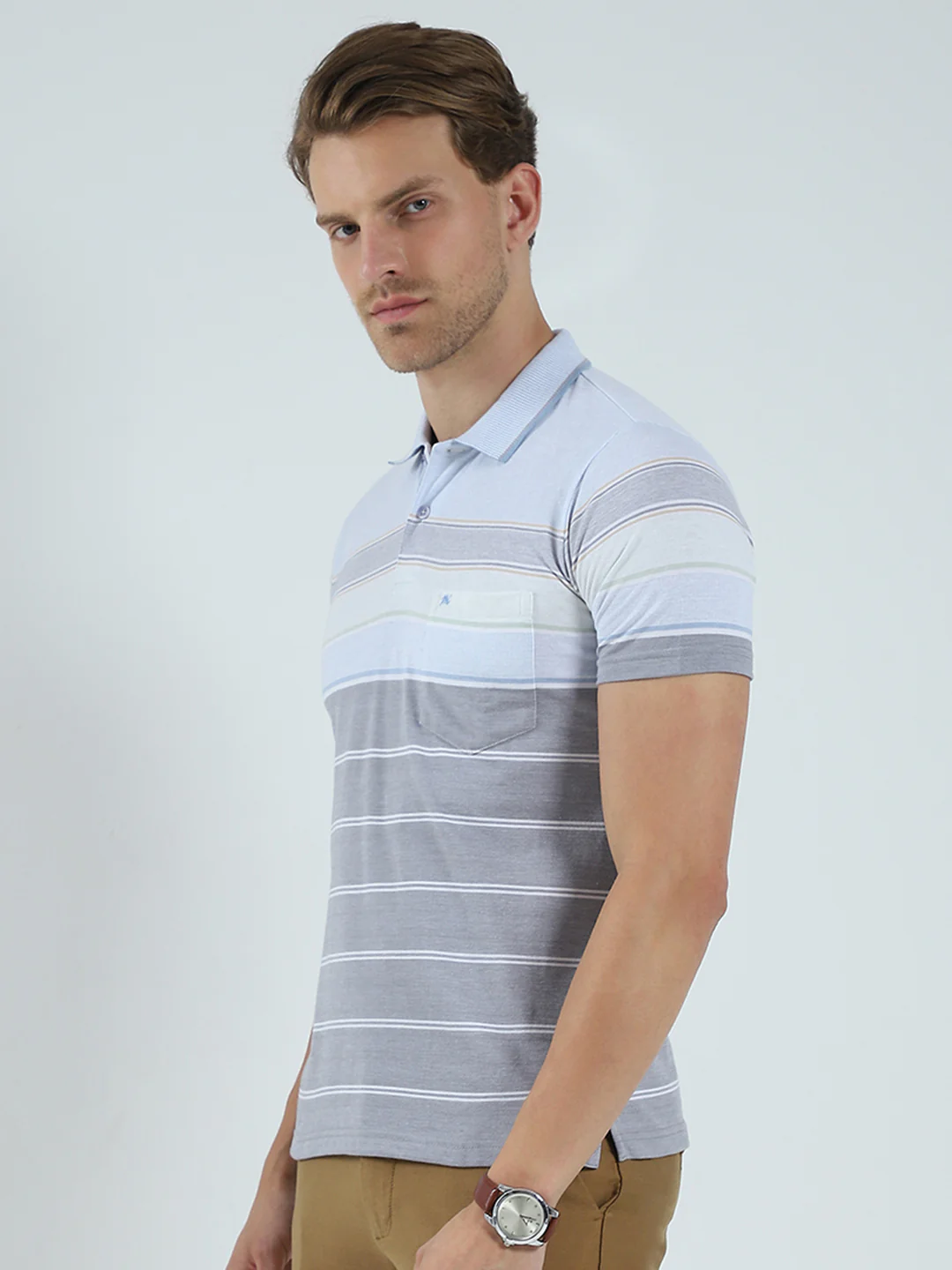 Men Blue Stripe Collar Half Sleeve T-Shirt - Image 3