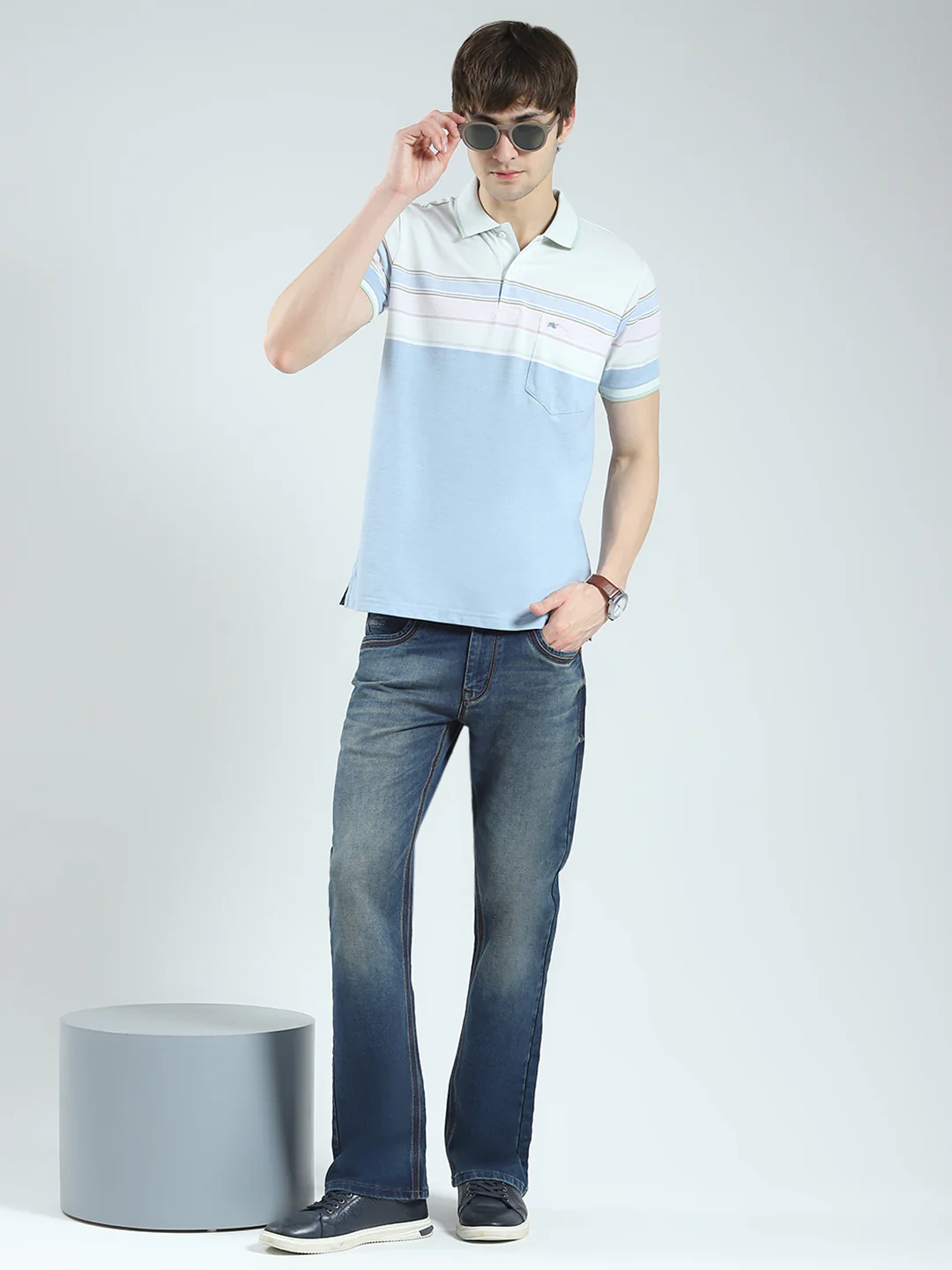 Men Blue Stripe Collar Half Sleeve T-Shirt - Image 2
