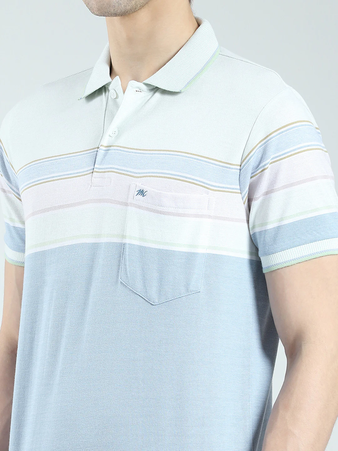 Men Blue Stripe Collar Half Sleeve T-Shirt - Image 7