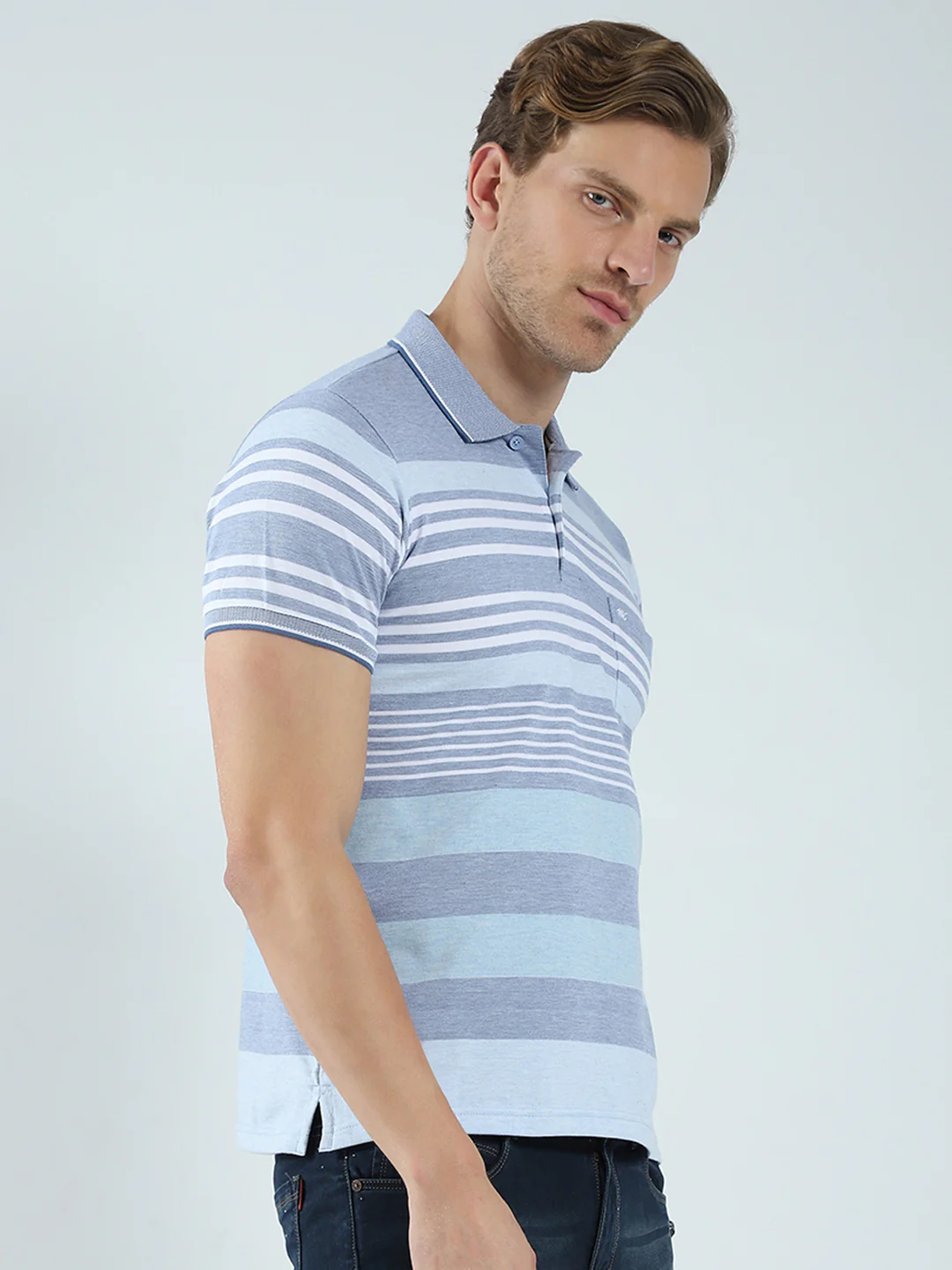 Men Blue Stripe Collar Half Sleeve T-Shirt - Image 4