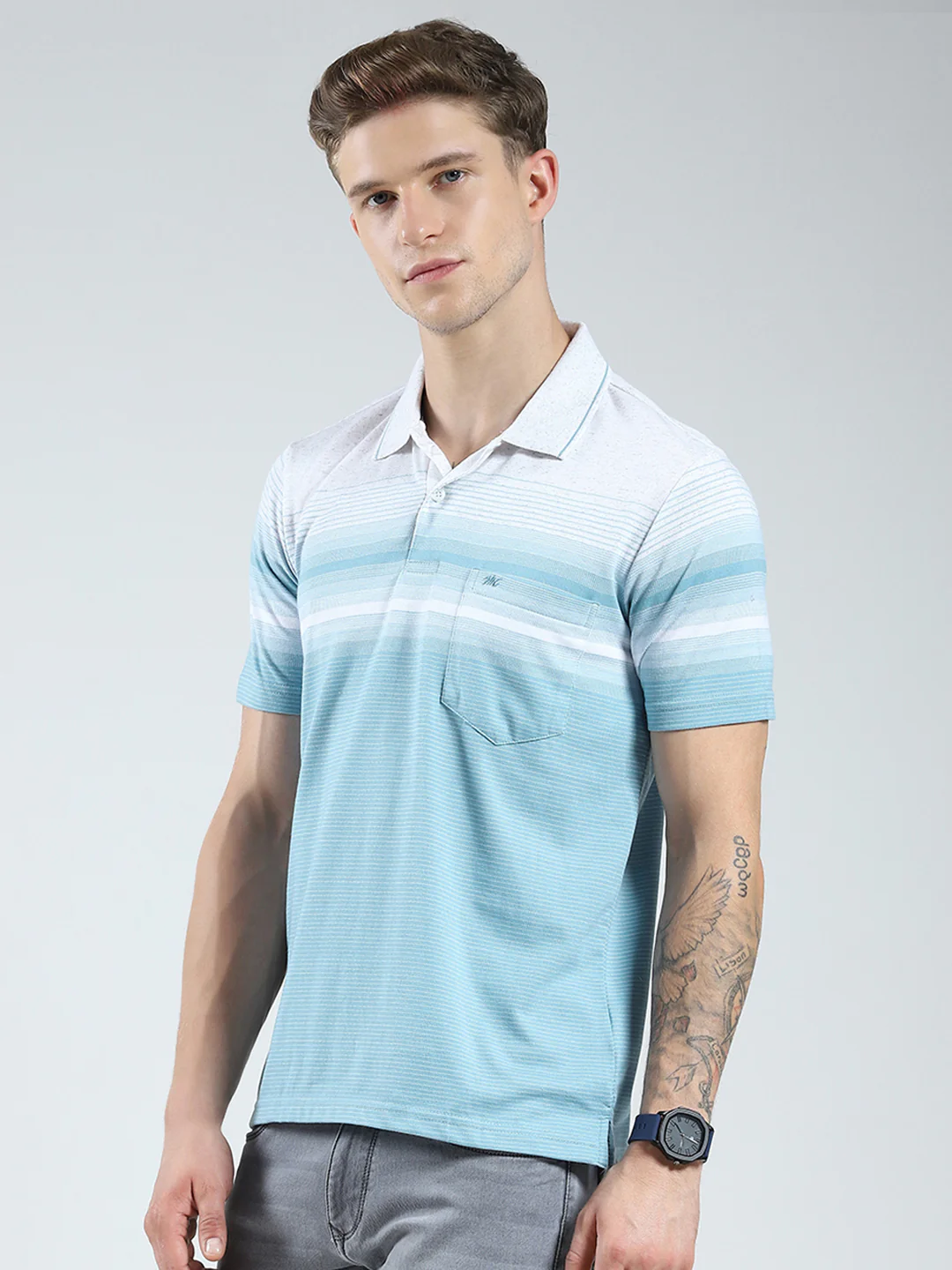 Men Blue Stripe Collar Half Sleeve T-Shirt - Image 3