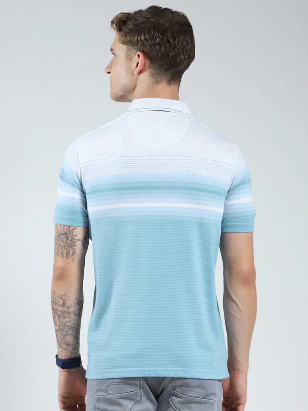 Men Blue Stripe Collar Half Sleeve T-Shirt - Image 5