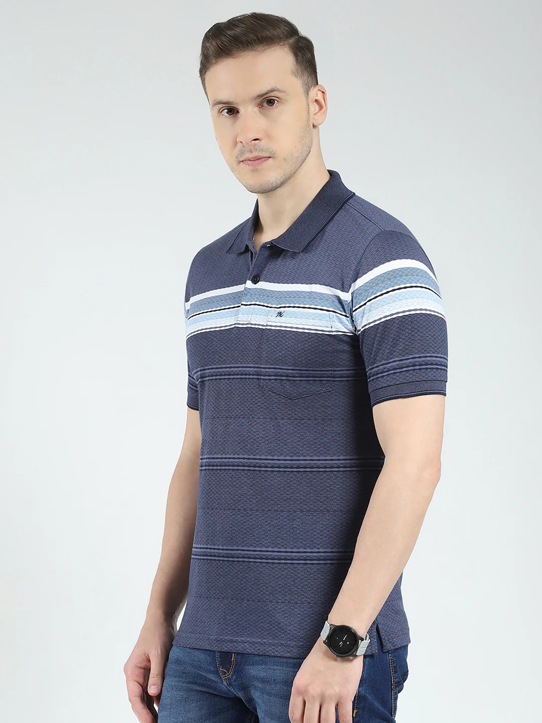 Men Blue Stripe Collar Half Sleeve T-Shirt - Image 3