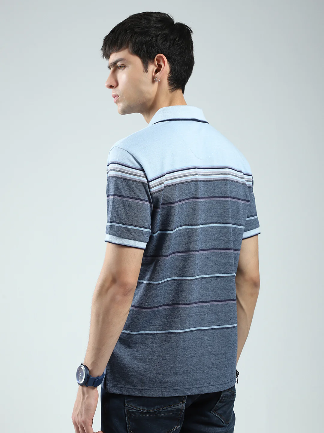 Men Blue Stripe Collar Half Sleeve T-Shirt - Image 5