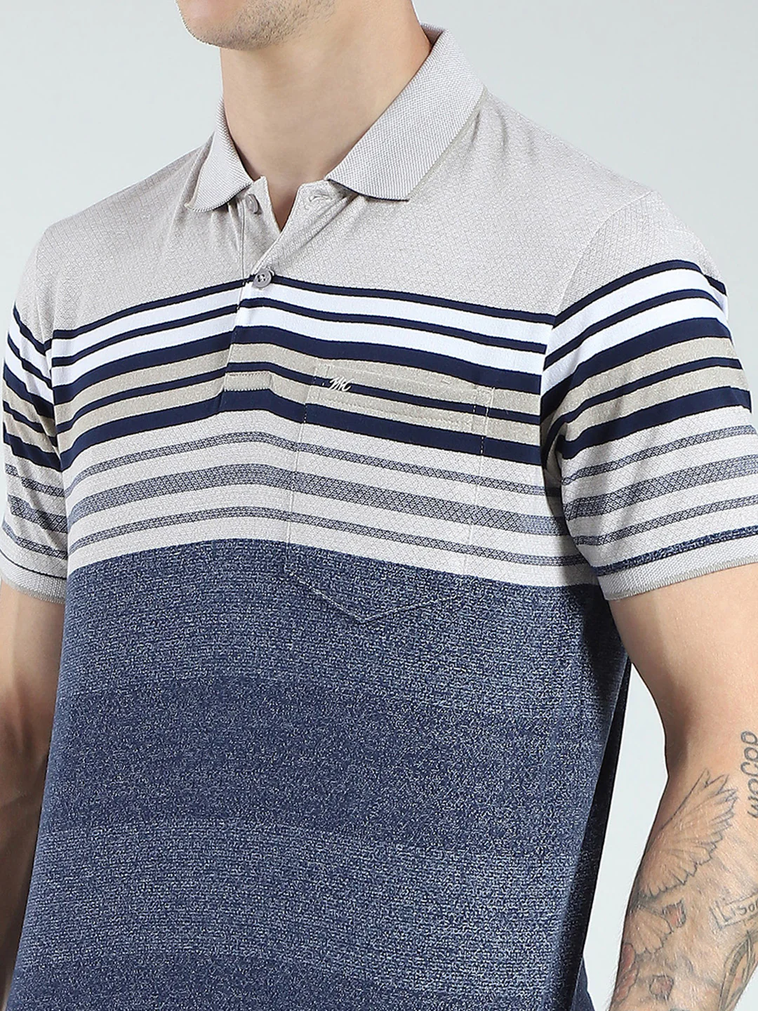 Men Blue Stripe Collar Half Sleeve T-Shirt - Image 6