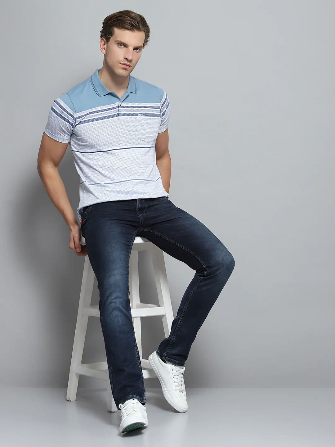 Men Blue Stripe Collar Half Sleeve T-Shirt - Image 2