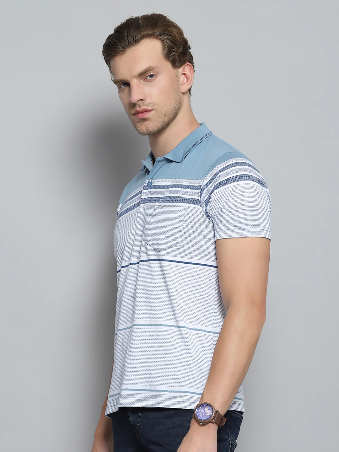 Men Blue Stripe Collar Half Sleeve T-Shirt - Image 3