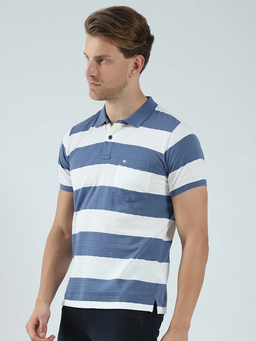 Men Blue Stripe Collar Half Sleeve T-Shirt - Image 3