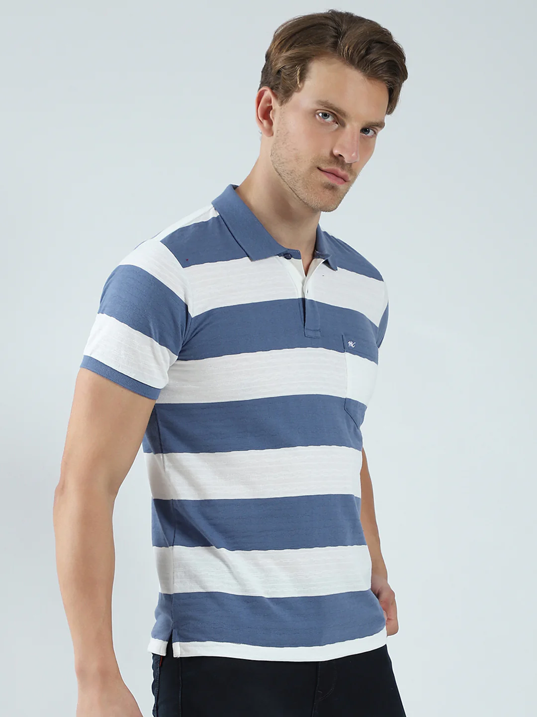 Men Blue Stripe Collar Half Sleeve T-Shirt - Image 4