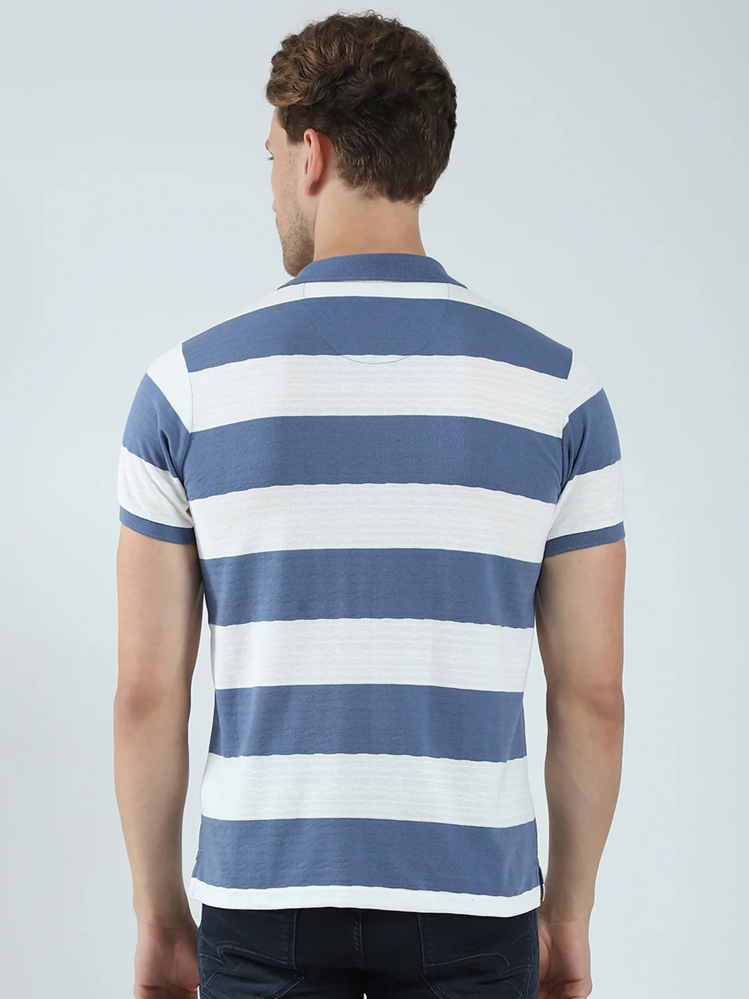 Men Blue Stripe Collar Half Sleeve T-Shirt - Image 5